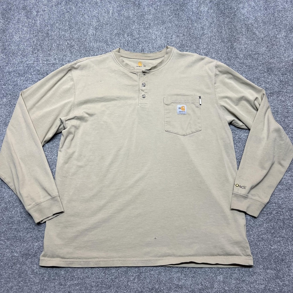 Carhartt FR Flame Resistant Henley Shirt Mens Large Beige Long Sleeve *Flaw